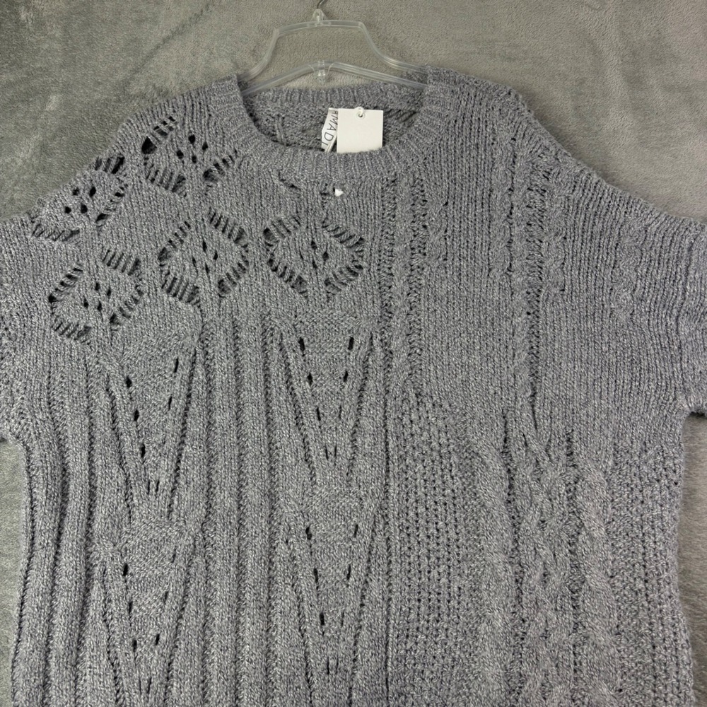 Amadi Athropologie L Grey Chunky Sweater Mixed Cable Pointelle Knit Cottage Core - Picture 2 of 12